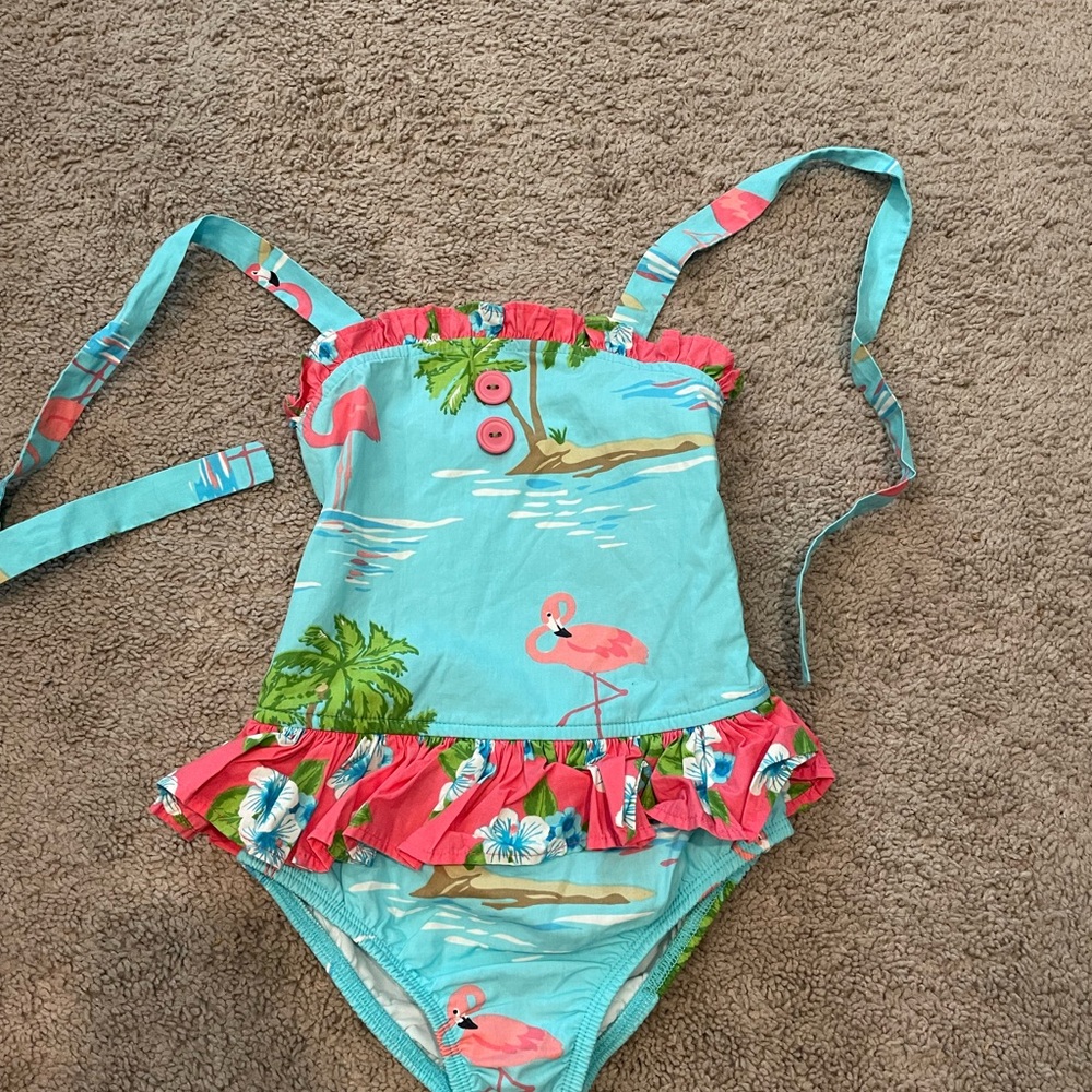 Eleanor Rose Blue and Pink One Piece Swimsuit with Flamingo Print